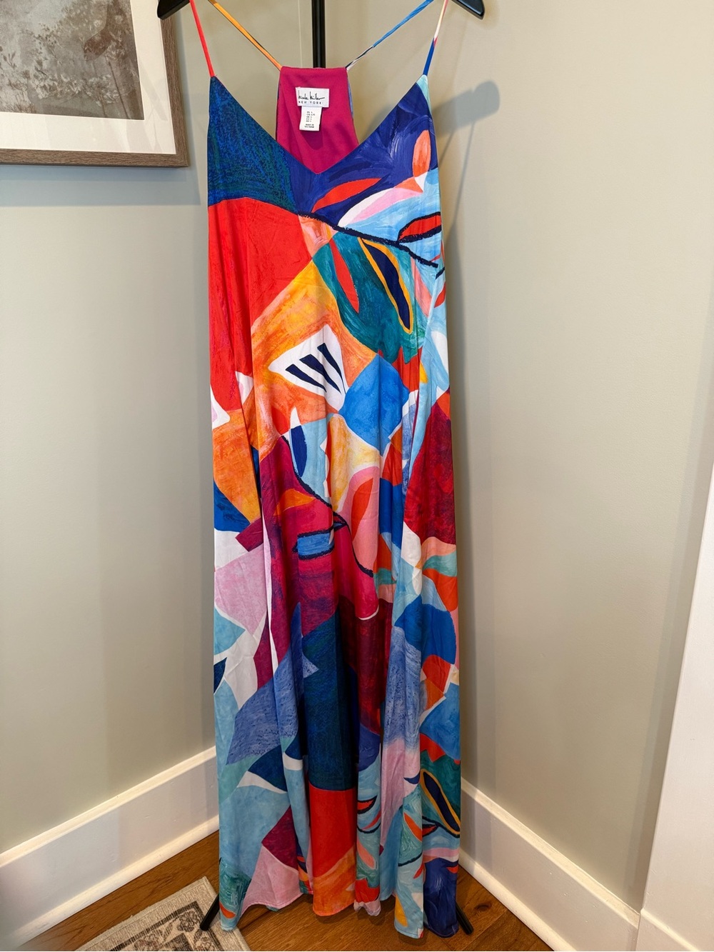 Nicole Miller NY Silky Abstract Print Maxi Dress L Resort Vacation Cruise Dress